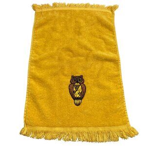 Vintage Cannon Yellow Cotton Hand Towel Embroidered Owl 17x10.5" 70s Decor Retro